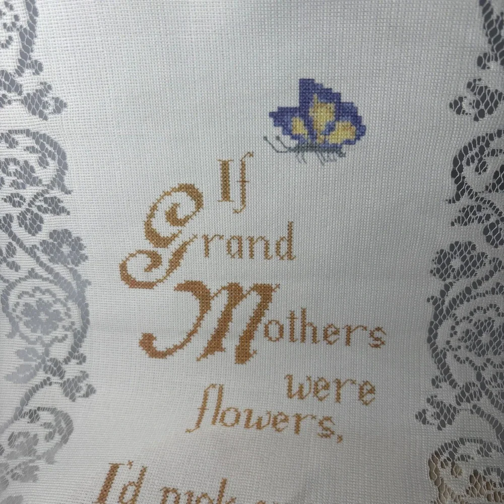 Vintage Cross Stitch Style Wall Hanging OS Cream Grandmother Flower Lace Banner
